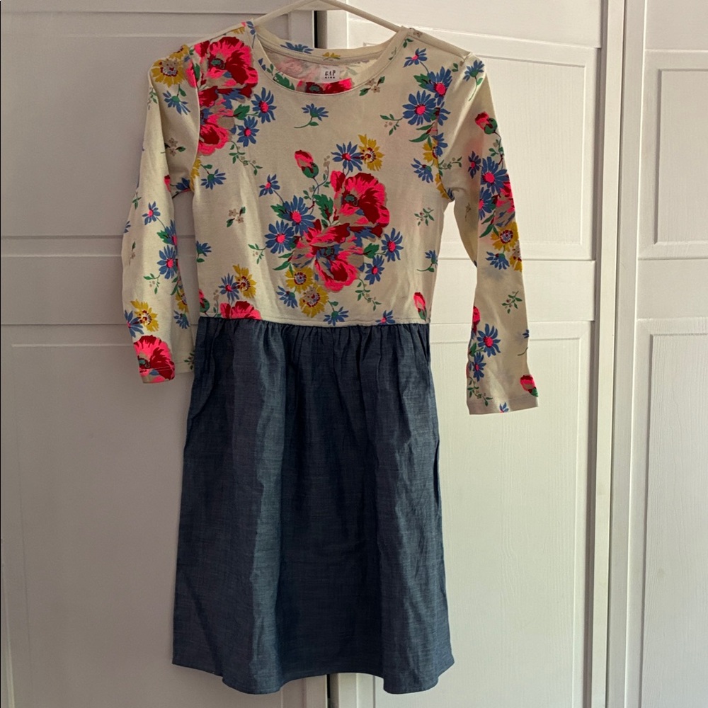 Girls Floral Cream and Denim Knit-Top Dress